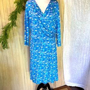 Hatley Resort Wear Geometric Jersey Faux Wrap Midi Dress, Large, EUC, Blue Teal